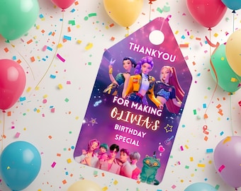 Etiqueta de agradecimento KPop Demon Hunters, Etiquetas de lembrancinha para festa imprimíveis, Etiquetas de presente de aniversário Huntrix Saja Boys, Download editável do Canva, Etiqueta de lembrancinha Kpop