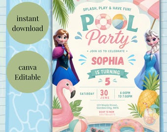 Convite de aniversário para festa de verão Frozen, festa na piscina com as princesas Elsa, Anna e Olaf. Modelo para decoração de aniversário de 2, 3, 4 e 5 anos. Download instantâneo.