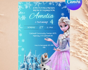 Convite de Aniversário Frozen Four: A Primeira Vez na Eternidade - Convite para Festa de 4 Anos com Tema da Elsa e Anna - EDITÁVEL