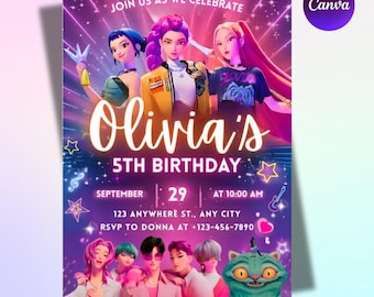 Convite de Aniversário Kpop | Modelo Editável no Canva | Convite de Anime Kpop | Caçadores de Demônios Kpop | Download Digital | Cartão para Imprimir