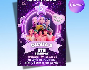 Convite de Aniversário Editável | Festa com Tema de Anime | Convite de Anime | Convite de Caçador | Modelo Canva | Demônio Kpop | Festa Infantil