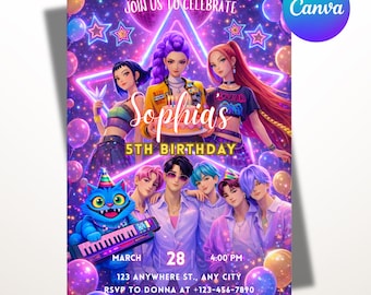 Convite de aniversário Kpop | Modelo editável no Canva | Convite de anime Kpop | Download digital | Cartão imprimível para crianças