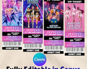 Convite de aniversário estilo caçador de demônios K-Pop, 4 modelos de ingresso, estrela K-Pop, passe de festa estilo show, download digital, editável no Canva