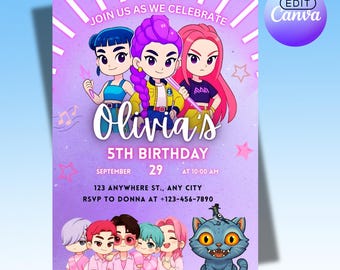 Convite de aniversário inspirado em Caçadores de Demônios (Kpop) | Modelo editável no Canva | Convite de anime Kpop | Download digital | Cartão imprimível para crianças