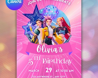 Convite de aniversário inspirado em Caçadores de Demônios (Kpop) | Modelo editável no Canva | Convite de anime Kpop | Download digital | Cartão imprimível para crianças