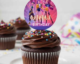 Toppers de cupcake imprimíveis K-Pop para decoração de festa, modelo Huntrix Saja Boys Derpy, placas de decoração de comida, centros de mesa, toppers de cupcake.