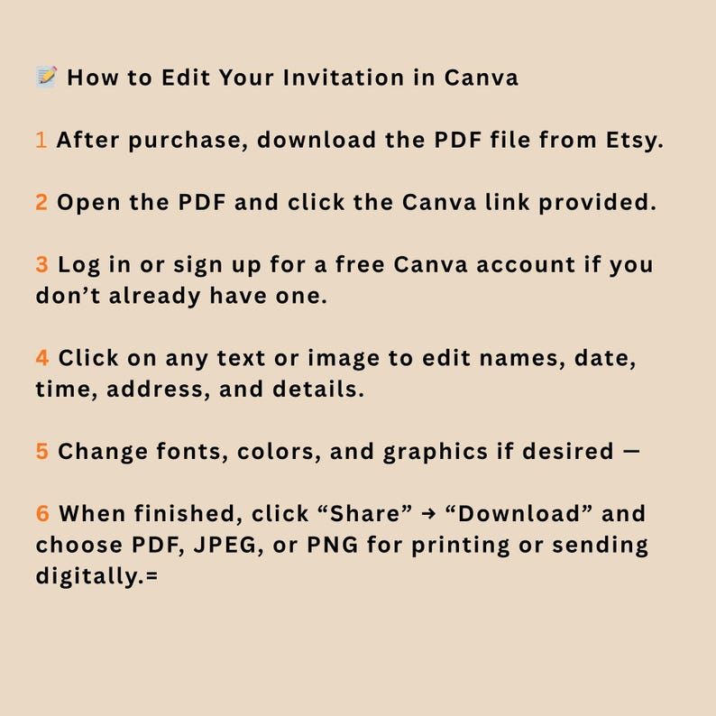 Pode incluir: Um gr&aacute;fico bege com instru&ccedil;&otilde;es sobre como editar um convite no Canva. O texto inclui etapas para baixar um PDF, abrir um link do Canva e editar texto e imagens. Tamb&eacute;m menciona a altera&ccedil;&atilde;o de fontes e cores.