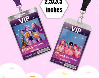 Passe VIP de Aniversário Caçadora de Demônios, Crachá de Identificação Huntrix, Cartão VIP K-Pop Imprimível, Lembrancinhas de Festa, Passe para Festa K-Pop, Download Digital, Editável no Canva