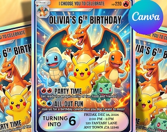 Op de afbeelding: Een rechthoekige verjaardagsuitnodigingskaart met Charizard, Pikachu, Squirtle, Charmander en Bulbasaur. De tekst bevat I CHOOSE YOU TO CELEBRATE, OLIVIA'S 6TH BIRTHDAY, PARTY TIME, ALL-OUT FUN, TURNING INTO 6 en evenementdetails voor 16 dec 2026.