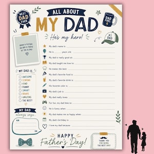 May include: A Father's Day fill-in-the-blank activity sheet with the text "All About My Dad." The design includes illustrations of a coffee mug, baseball cap, and bow tie. The sheet has spaces to write about Dad.