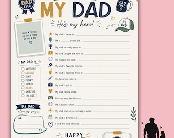 Questionário imprimível para o Dia dos Pais | Tudo sobre o meu pai (Download em PDF) Download instantâneo | Lindo cartão de recordação para fazer você mesmo