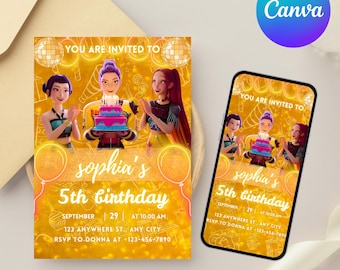 Convite de aniversário inspirado em Caçadores de Demônios (Kpop) | Modelo editável no Canva | Convite de anime Kpop | Download digital | Cartão imprimível para crianças
