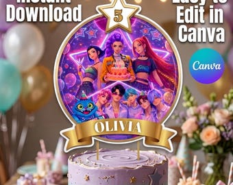 Topo de Bolo Caçadores de Demônios KPop | Huntrix PNG Editável | Topos de Bolo e Cupcake de Aniversário | Decorações para Festa Caçadores de Demônios KPop | PDF Digital