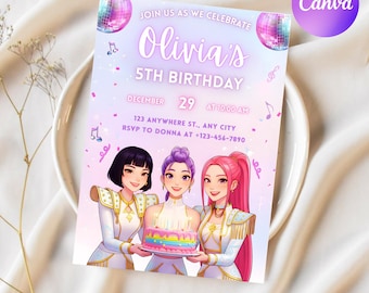 Convite de Aniversário K-Pop Hunter | Modelo Editável de Convite Anime | Download Digital com Tema K-Pop e Anime | Convite de Aniversário K-Pop para Crianças
