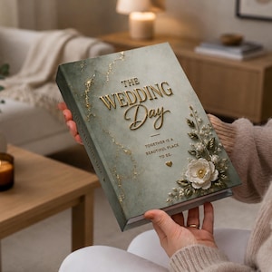 May include: A hardcover book with a sage green marble-patterned cover featuring gold foil text that reads THE WEDDING DAY and TOGETHER IS A BEAUTIFUL PLACE TO BE. The cover is decorated with a three-dimensional white floral arrangement and gold leaves.