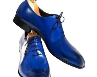 Blue & Black Shiny Leather Oxford Lace Up Whole-cut Men Shoes