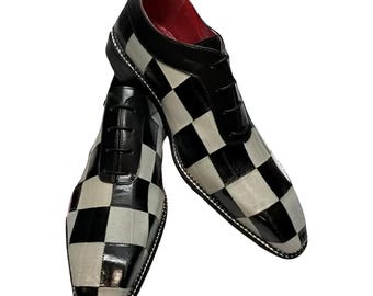 Handmade Men's Black White Checkered Oxford Shoes – Leather Lace-Up Formal Footwear