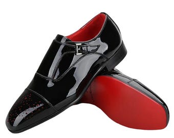 Men's Black Patent Leather Monk Strap Red Sole Dress Shoes