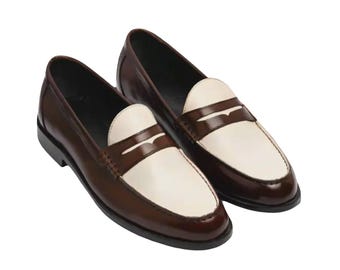 Mocassini da uomo in pelle bicolore – Scarpe da sposa marroni e bianche, calzature formali slip-on fatte a mano