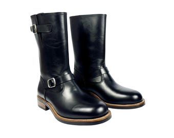 Men's Black Engineer Boots Mid Calf | Handmade Full Grain Leather | Double Buckle Strap Boots
