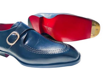 Bespoke Blue Leather Red Sole Monk Strap Wedding shoes