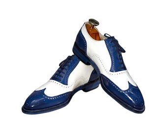 Men Genuine Handmade Leather Shoes Two Tone Brogue Wingtip Lace Up Oxford Dress Shoes