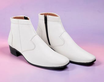 Men's White Leather Chelsea Formal Casual Boots