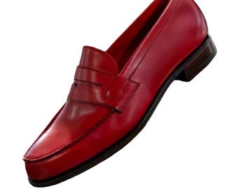 Handmade Men's Red Leather Penny Loafers Shoes