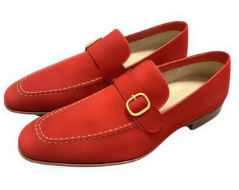 Handmade Men's Red Suede Monk Strap Dress Shoes