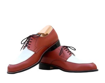 Scarpe Oxford da uomo fatte a mano marroni e bianche / Scarpe eleganti in pelle bicolore