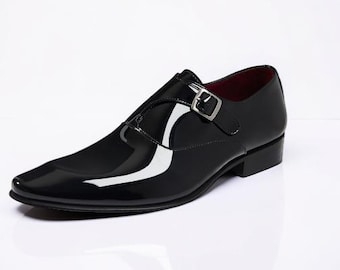Schwarze Lackleder Monk Strap Schuhe - Handgemachte formelle Schuhe