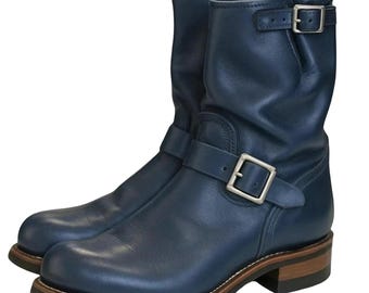 Men's Handmade Blue Leather Biker Boots | Ankle Buckle Genuine Leather