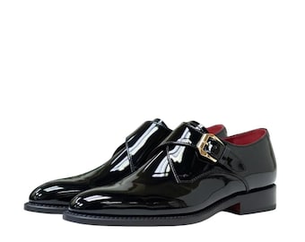 Scarpe eleganti da uomo in pelle verniciata nera con fibbia – Scarpe formali fatte a mano