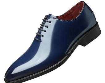 Handmade Men's Blue Calf Leather Oxford Whole Lace up Shoes