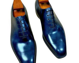 Men's Blue Color Leather Oxford Lace Up Whole-Cut Party Wear Shoes