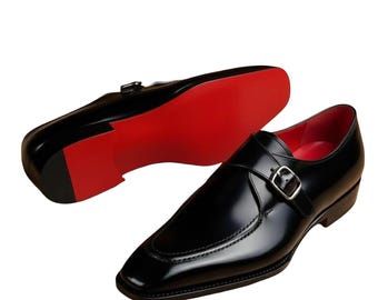 Black Calf Leather Monk Strap Red Sole Shoes for Men