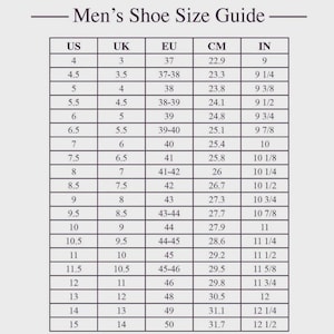 May include: A shoe size guide chart titled Shoe Size Guide with columns for US, UK, EU, CM, and IN sizes. The table lists numerical values ranging from US size 4 to 15, providing corresponding international size conversions for footwear measurements.