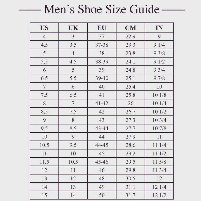 May include: A shoe size guide chart titled Shoe Size Guide with columns for US, UK, EU, CM, and IN sizes. The table lists numerical values ranging from US size 4 to 15, providing corresponding international size conversions for footwear measurements.