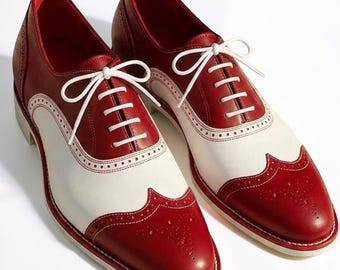Handmade Red White Spectator Oxford Shoes, Two-Tone Leather Wingtip Brogue Dress Shoes