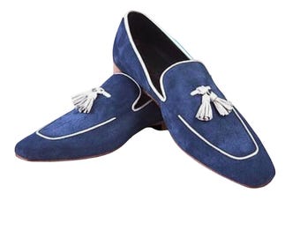 Handmade Men Navy blue Suede leather Tassels moccasins shoes