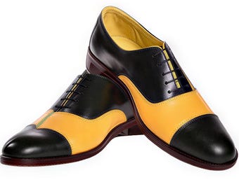Handmade Men's Black and yellow Oxford Cap Toe Lace up Dress Shoe