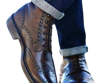 Stivali da uomo in pelle fatti a mano con punta a coda di rondine - Stivaletti Brogue Heritage marrone scuro