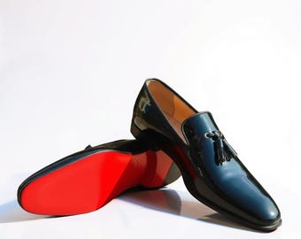 Men's Black Calf Leather Red Sole Tassel Loafers
