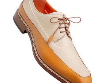 Men's Camel & Bone Calfskin Two-Tone Moc Toe Derby Dress Shoes