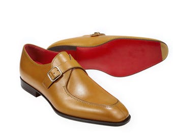 Handmade Genuine Tan Leather Business Monk Strap Red Sole Party Shoes for Men