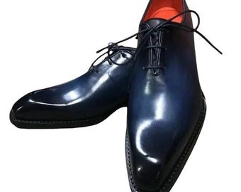 Scarpe Oxford in pelle blu fatte a mano: scarpe eleganti con lavorazione Goodyear Welt