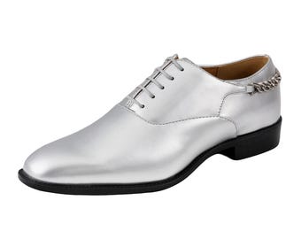 Shiny Dress Shoes with Heel Chain, Mens Patent Plain Toe Oxford