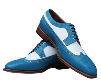 New Handmade Men Classic Blue White Leather Wingtip Oxford Dress Shoes