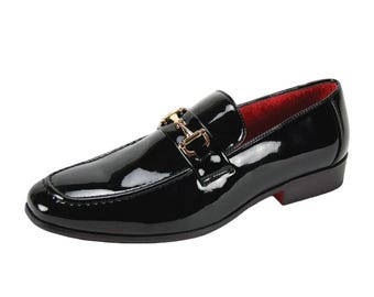 Men's Patent Leather Shiny Glossy Gold Buckle Party Loafer Dress Shoes