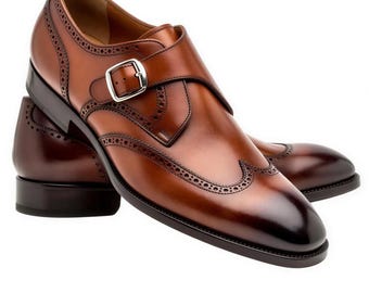 Handmade Men's Brown Monk Strap Leather Shoes